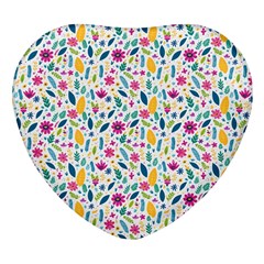 Background Pattern Leaves Pink Flowers Spring Yellow Leaves Heart Glass Fridge Magnet (4 Pack) by Maspions