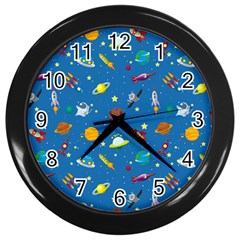 Space Rocket Solar System Pattern Wall Clock (black) by Apen