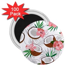 Seamless Pattern Coconut Piece Palm Leaves With Pink Hibiscus 2 25  Magnets (100 Pack)  by Apen