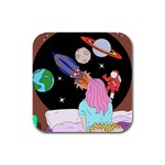 Girl Bed Space Planets Spaceship Rocket Astronaut Galaxy Universe Cosmos Woman Dream Imagination Bed Rubber Square Coaster (4 pack) Front