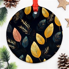 Gold Yellow Leaves Fauna Dark Background Dark Black Background Black Nature Forest Texture Wall Wall Ornament (round) by Bedest