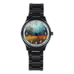 Wildflowers Field Outdoors Clouds Trees Cover Art Storm Mysterious Dream Landscape Stainless Steel Round Watch by Posterlux