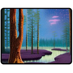 Artwork Outdoors Night Trees Setting Scene Forest Woods Light Moonlight Nature Fleece Blanket (medium) by Posterlux