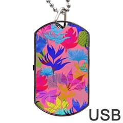 Pink And Blue Floral Dog Tag Usb Flash (one Side) by Sparkle