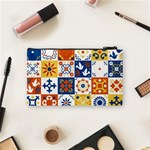 Mexican Talavera Pattern Ceramic Tiles With Flower Leaves Bird Ornaments Traditional Majolica Style Cosmetic Bag (Small) Back