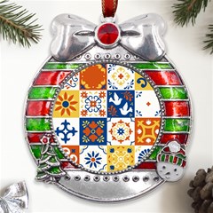 Mexican Talavera Pattern Ceramic Tiles With Flower Leaves Bird Ornaments Traditional Majolica Style Metal X mas Ribbon With Red Crystal Round Ornament by Ket1n9