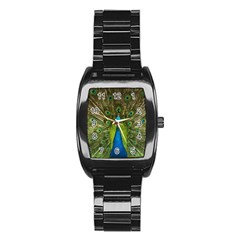 Peacock Feathers Bird Plumage Stainless Steel Barrel Watch by Perong