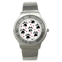 Dog Paw Vector Seamless Pattern With Hearts Stainless Steel Watch by Perong