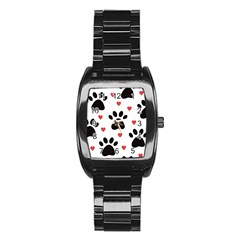 Dog Paw Vector Seamless Pattern With Hearts Stainless Steel Barrel Watch by Perong