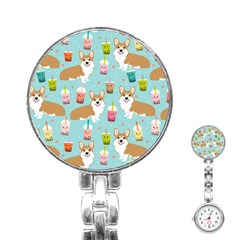 Corgi Boba Tea Bubble Tea Kawaii Food Welsh Corgis Dog Pattern Stainless Steel Nurses Watch by Perong