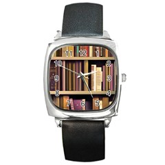 Books Bookshelves Office Fantasy Background Artwork Book Cover Apothecary Book Nook Literature Libra Square Metal Watch by Posterlux