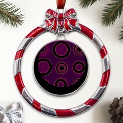 Mazipoodles Retro Circles Revisited - Blackcurrant Blackcherry Black Metal Red Ribbon Round Ornament by Mazipoodles