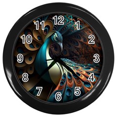 Colorful Peacock Bird Feathers Wall Clock (black) by Apen