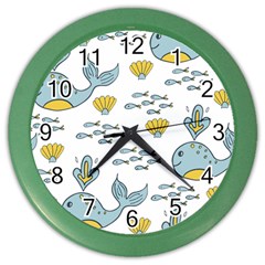 Whale Cartoon Whale Seamless Cartoon Character Animals Leaf Color Wall Clock by Grandong