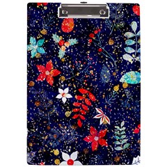 Festive Floral Pattern Christmas Blue Floral Flower Foliage Leaves Pattern Red Snow Winter A4 Acrylic Clipboard by Maspions