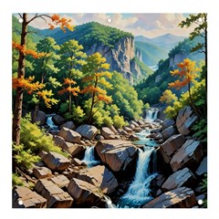 Serene Mountain Waterfall Landscape Banner And Sign 4  X 4  by ExtraGoodSauce