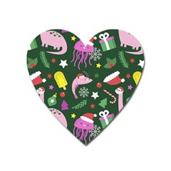 Dinosaur Colorful Funny Christmas Pattern Heart Magnet by Ket1n9