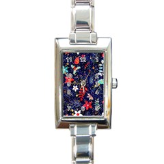 Festive Floral Pattern Christmas Blue Floral Flower Foliage Leaves Pattern Red Snow Winter Rectangle Italian Charm Watch by Maspions