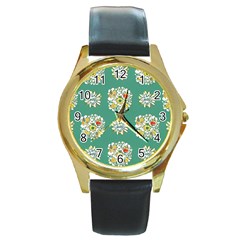 Retro 1960s Flowers Pattern 2 Round Gold Metal Watch by violetheavensky