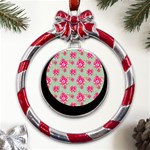 Retro 1880s Flowers Pattern 11 Metal Red Ribbon Round Ornament Front