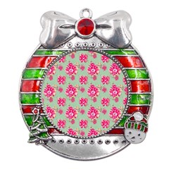 Retro 1880s Flowers Pattern 11 Metal X mas Ribbon With Red Crystal Round Ornament by patterns123