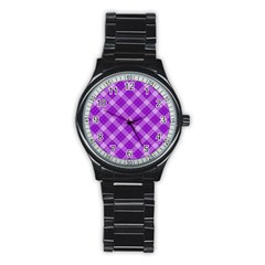 Purple Plaid Tartan 3 Diagonal (2) Stainless Steel Round Watch by dressshop